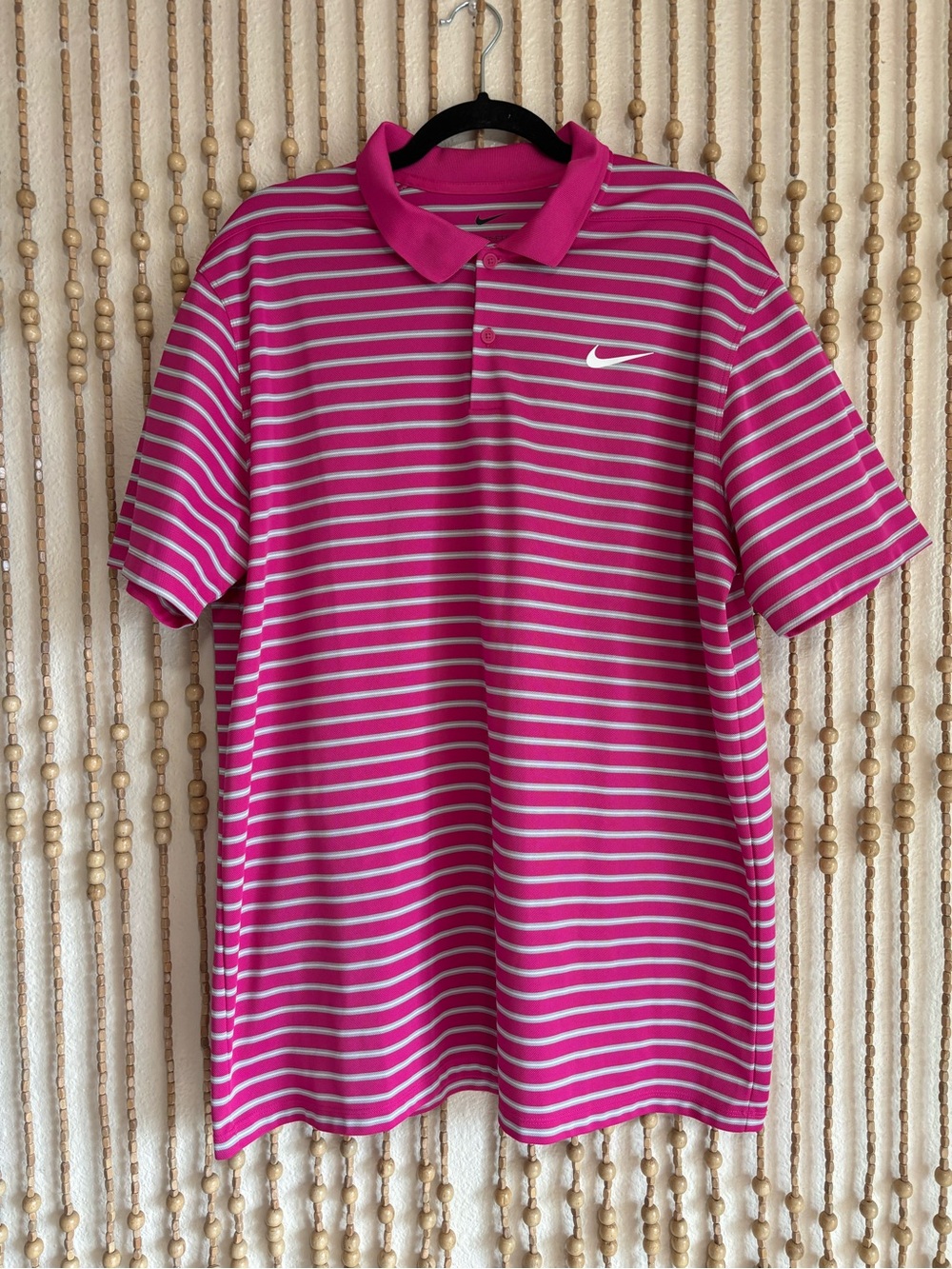 Nike Dryfit Pink Gray Striped Short Sleeve Collared Golf Causal Shirt